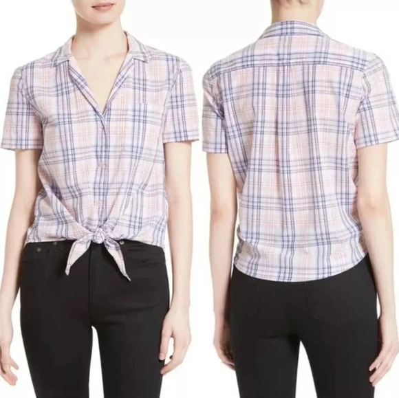 Equipment Kiera Tie Front Button Up Plaid Blouse Lightweight Cotton Large - Picture 8 of 16